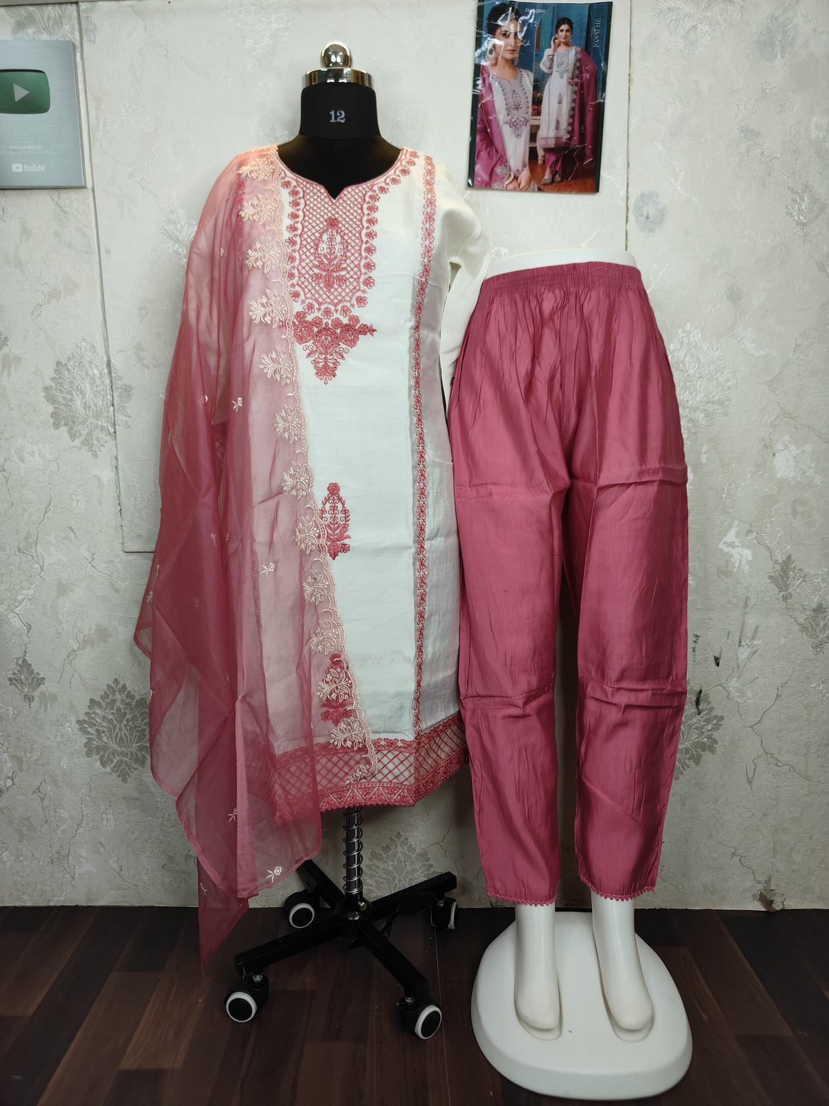 SILK KURTA SET WITH DUPATTA(White with onion)