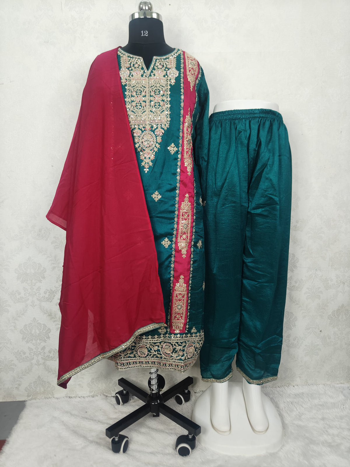 SATIN SILK KURTA SET WITH DUPATTA(Dark peacock)