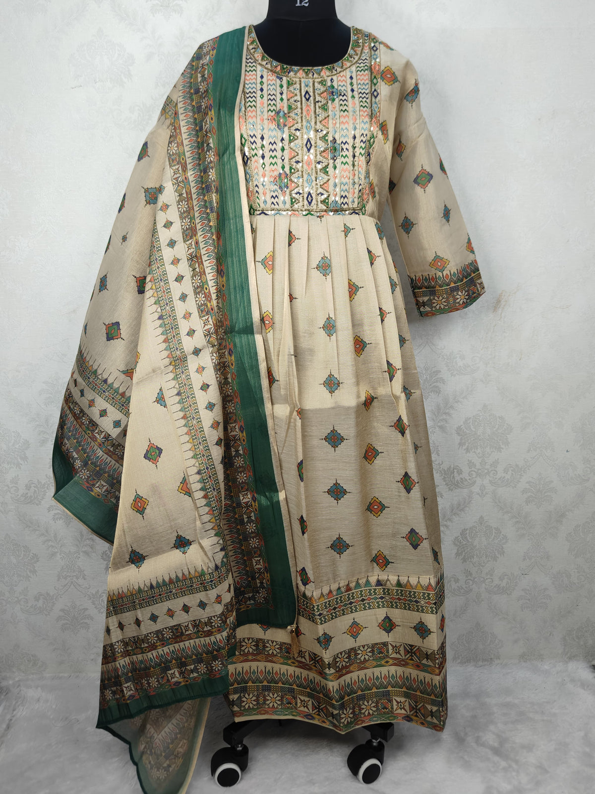 TISSUE ANARKALI WITH DUPATTA(Light sandal with multicolor)