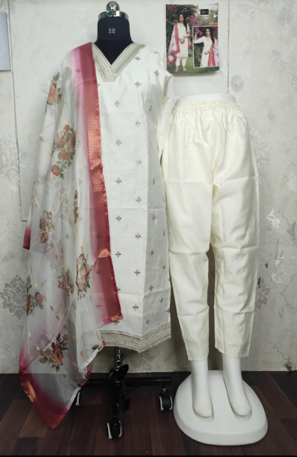 SILK KURTA SET WITH ORGANZA DUPATTA(Half white with rani)