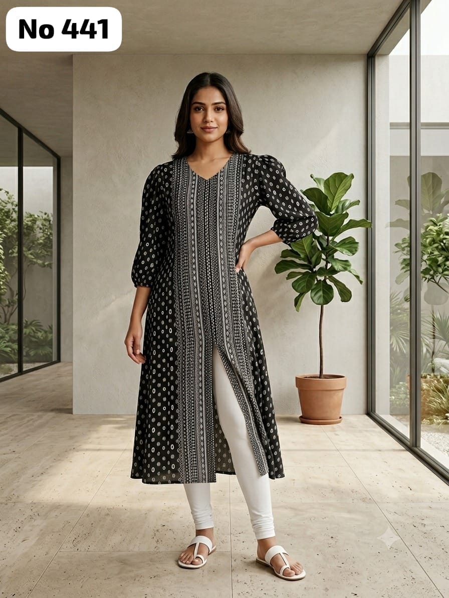 Rayon Aline Kurti With Center Slit and Puff Hand (No 441)