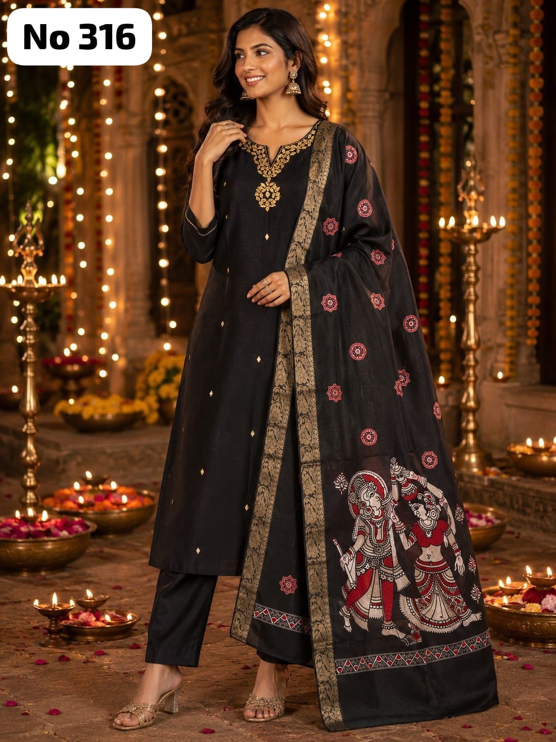 Premium Glass Fabric Kurta Set With Kalamkari Dupatta (No 316)