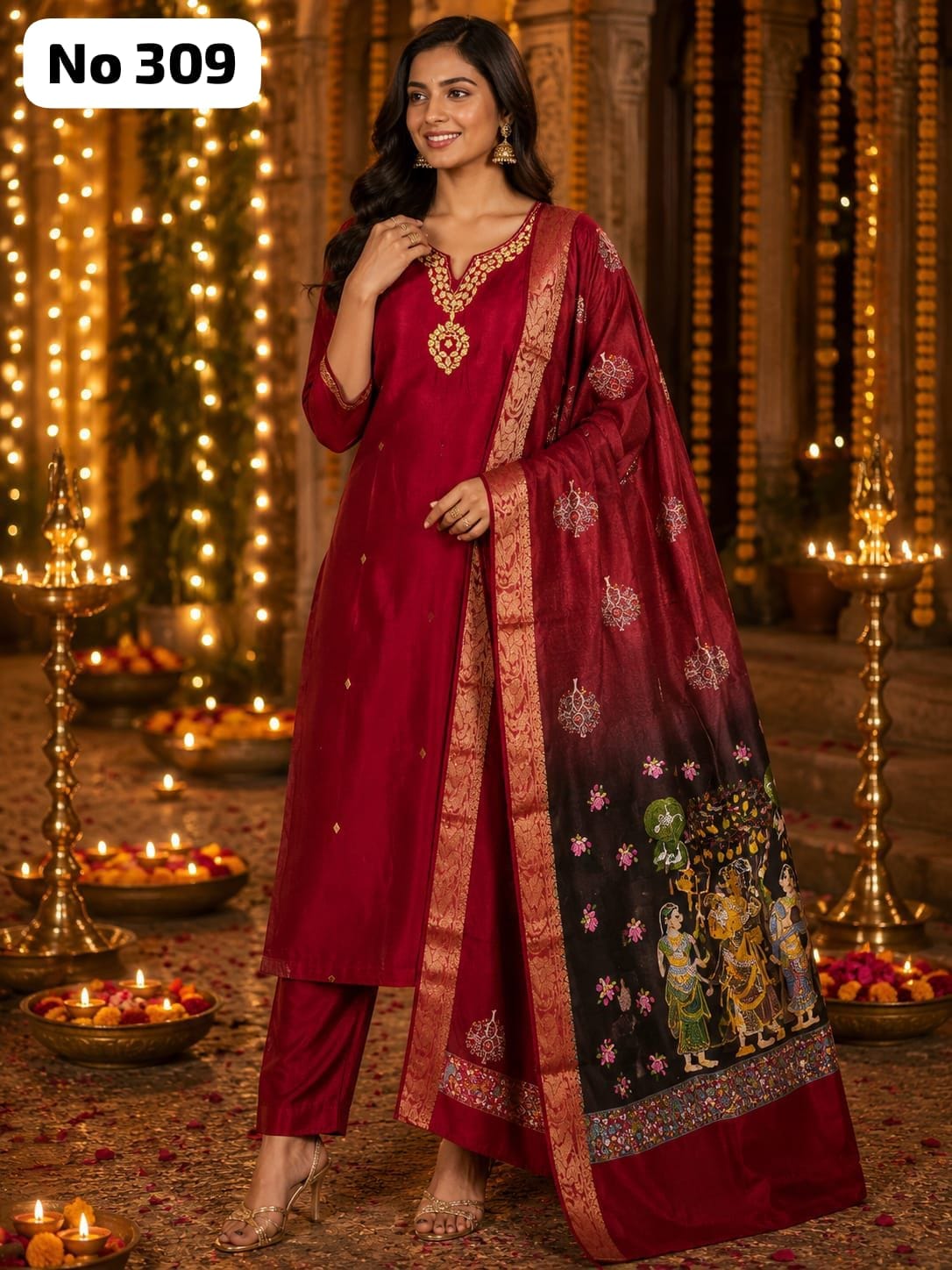 Premium Glass Fabric Kurta Set With Kalamkari Dupatta (No 309)