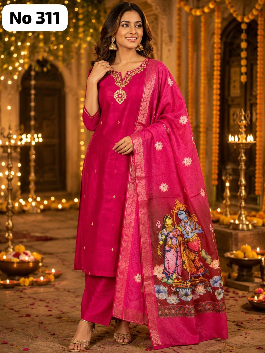 Premium Glass Fabric Kurta Set With Kalamkari Dupatta (No 311)