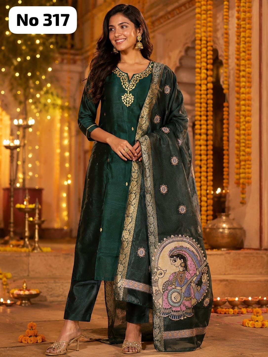 Premium Glass Fabric Kurta Set With Kalamkari Dupatta (No 317)