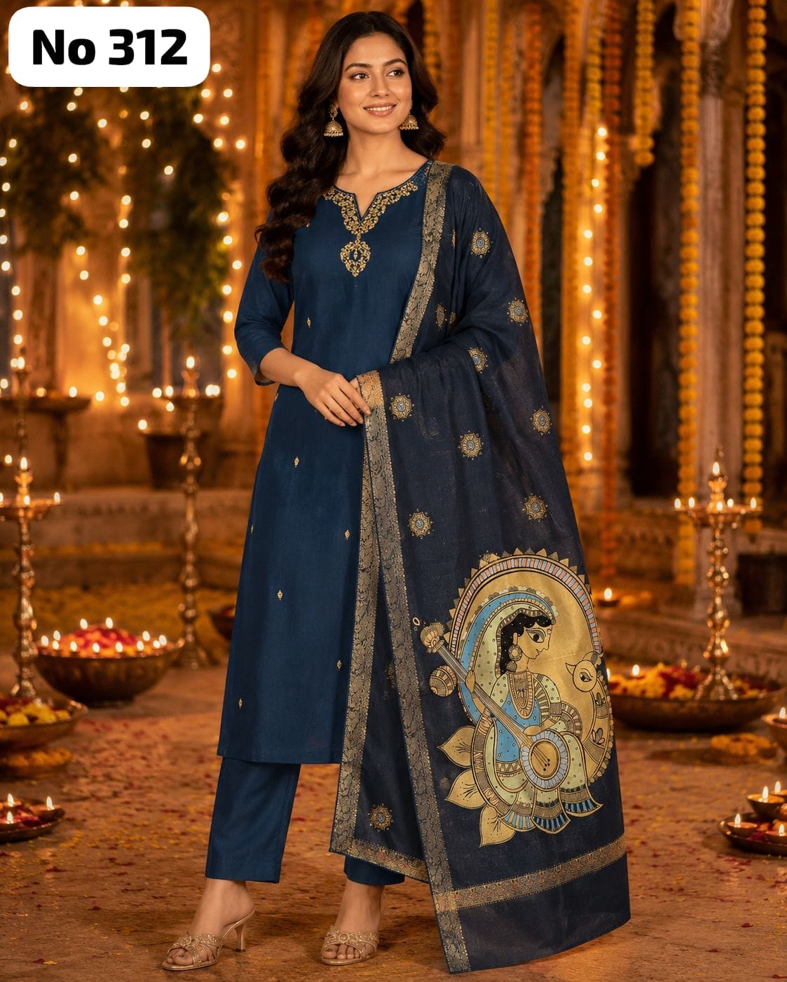 Premium Glass Fabric Kurta Set With Kalamkari Dupatta (No 312)