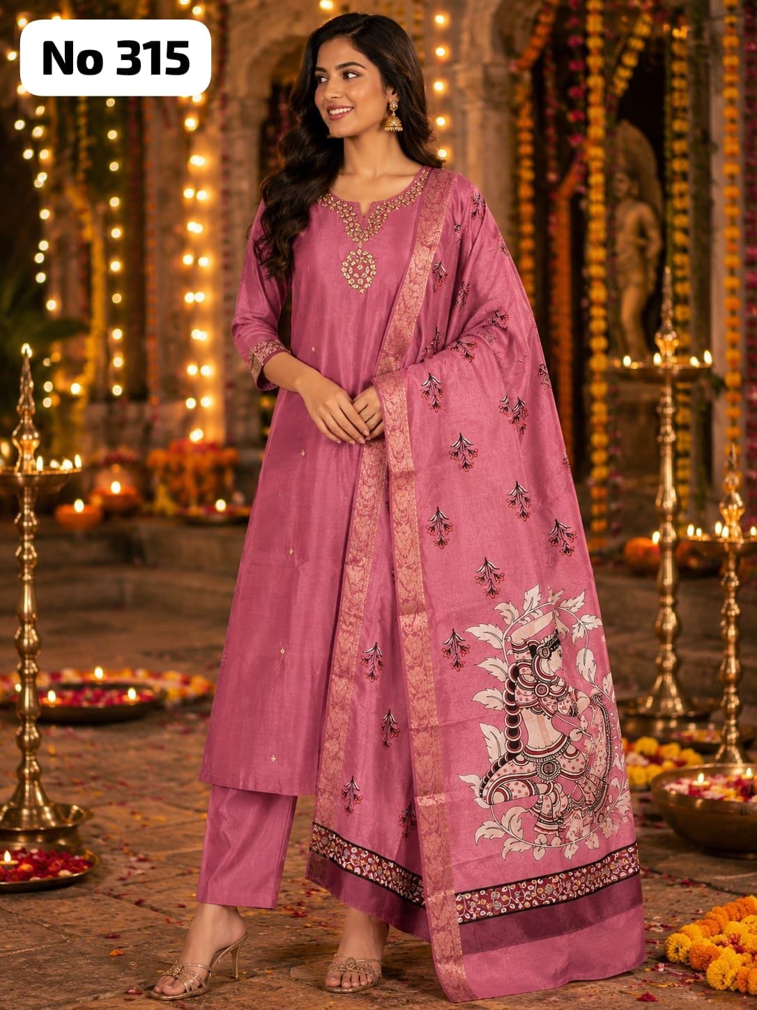 Premium Glass Fabric Kurta Set With Kalamkari Dupatta (No 315)