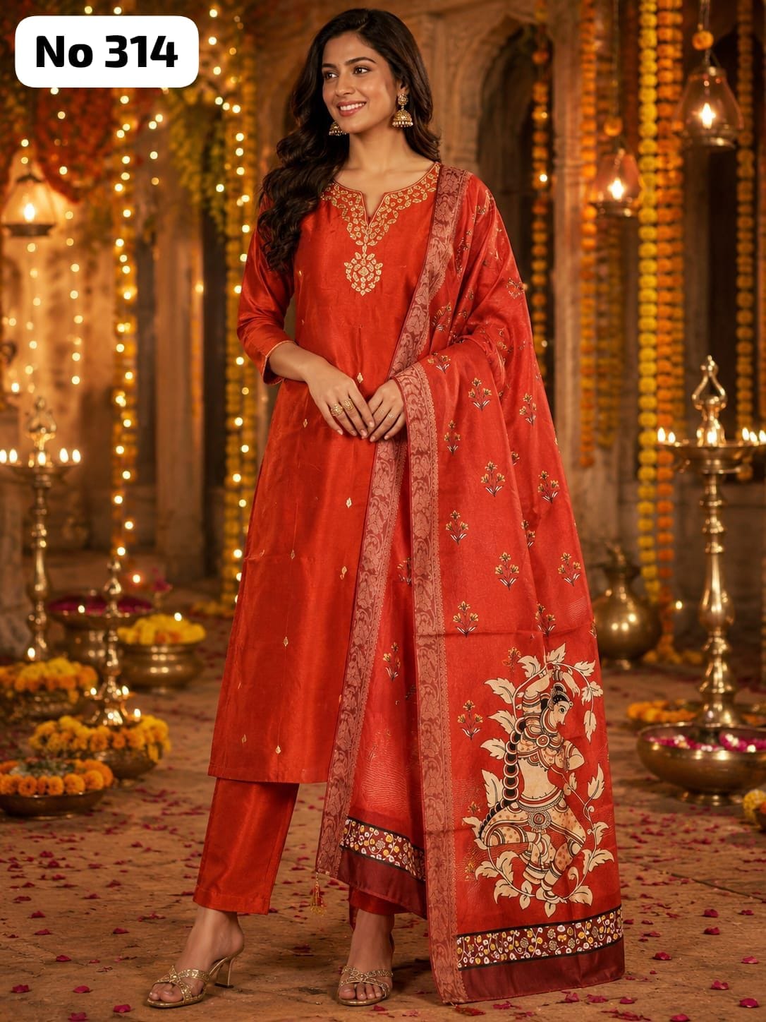 Premium Glass Fabric Kurta Set With Kalamkari Dupatta (No 314)