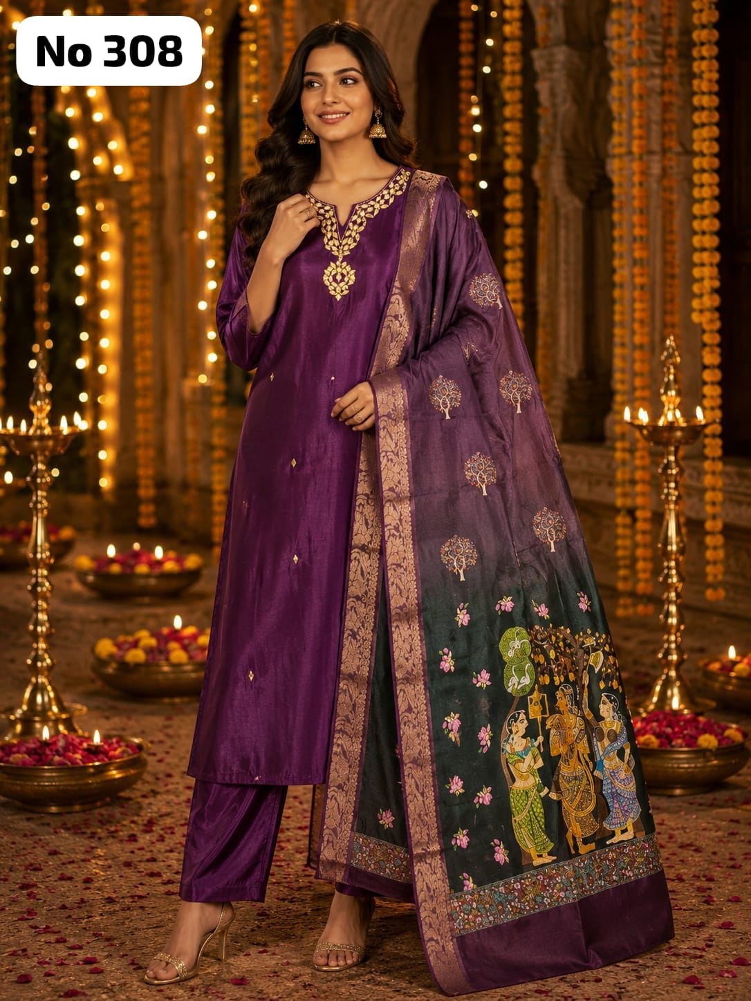 Premium Glass Fabric Kurta Set With Kalamkari Dupatta (No 308)