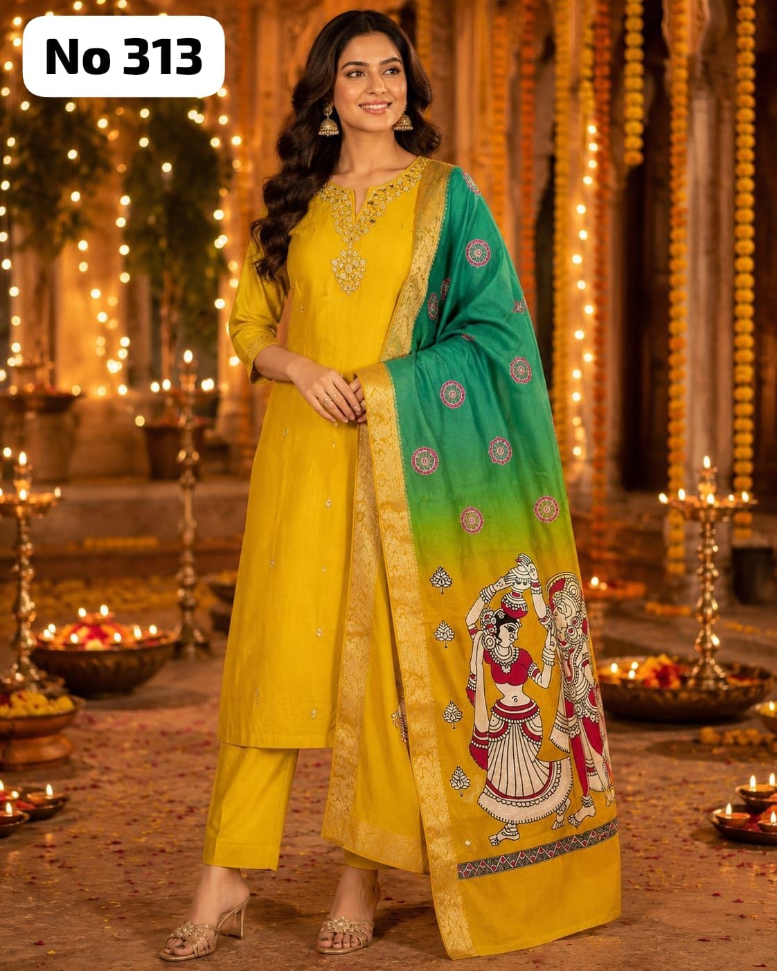 Premium Glass Fabric Kurta Set With Kalamkari Dupatta (No 313)