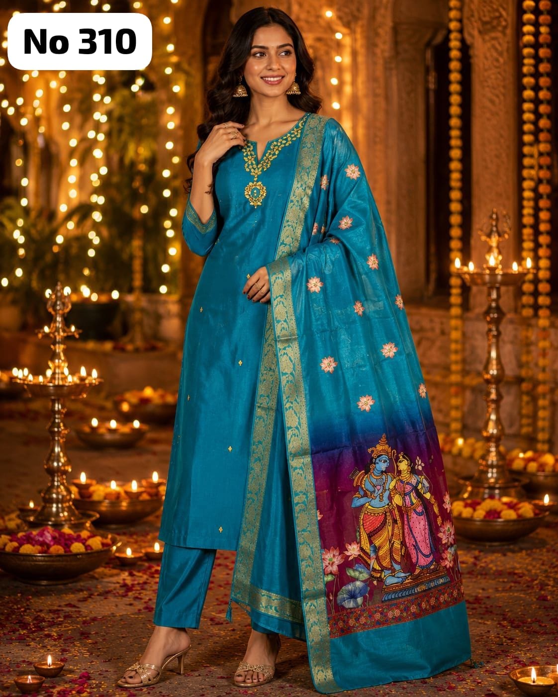 Premium Glass Fabric Kurta Set With Kalamkari Dupatta (No 310)