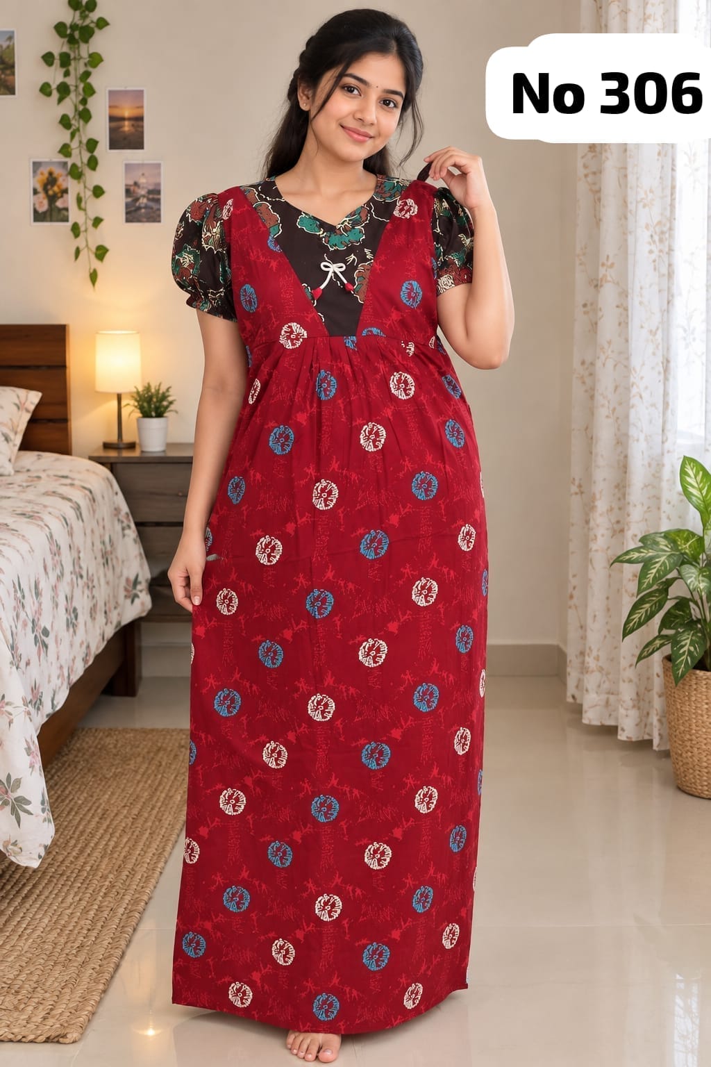 Premium Frock Nighty With Puff Hand and Adjustable Knot (No 306)(2XL)