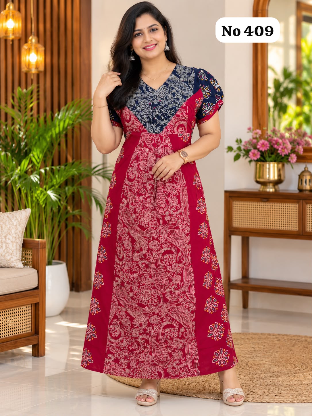 Premium Frock Nighty With Puff Hand and Adjustable Knot (No 409)(XL,2XL)