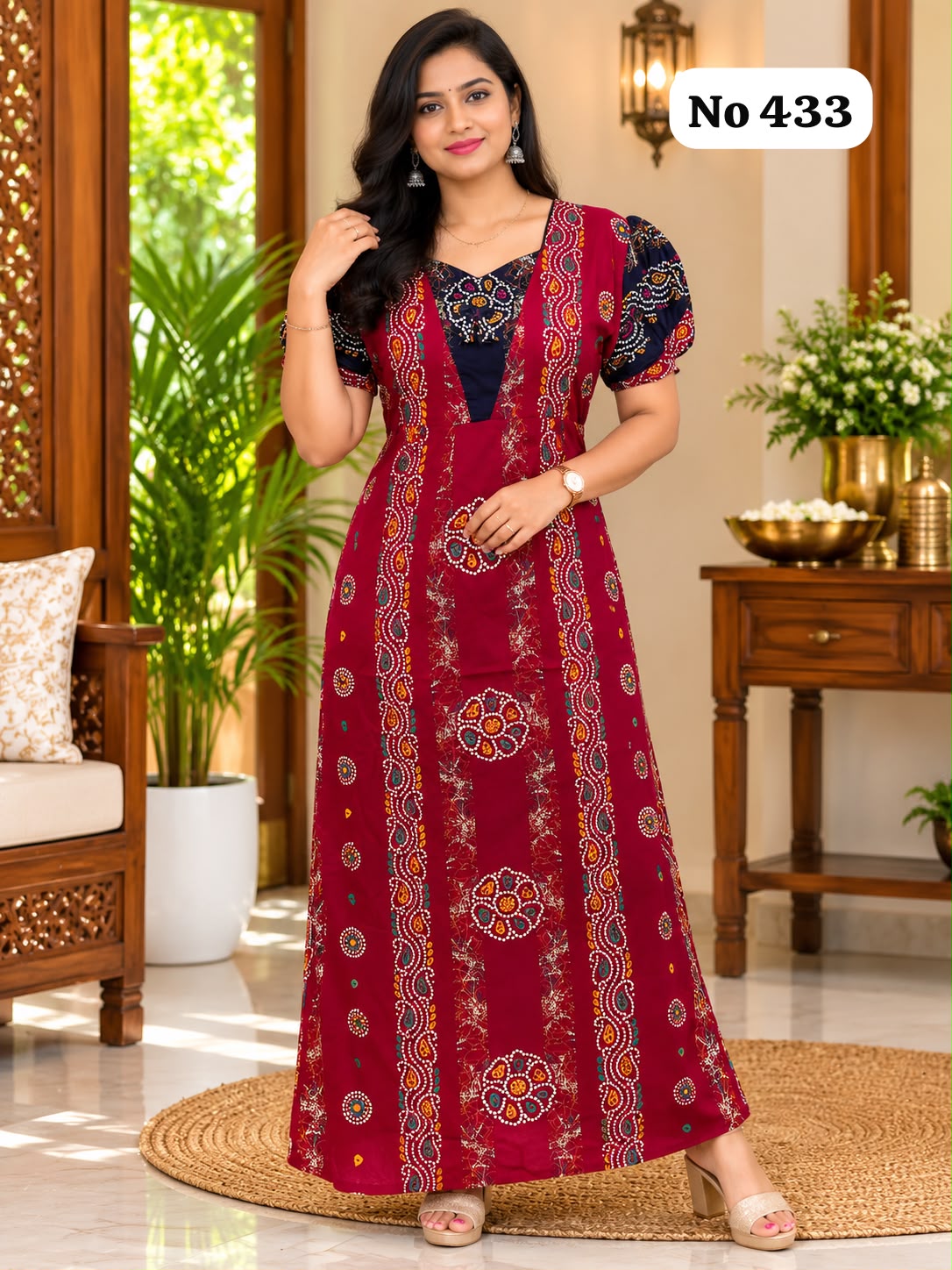 Premium Frock Nighty With Puff Hand and Adjustable Knot (No 433)(2XL)
