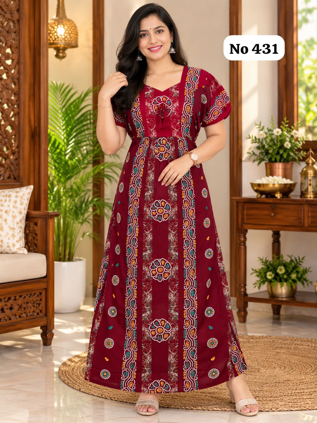 Premium Frock Nighty With Puff Hand and Adjustable Knot (No 431)(2XL)