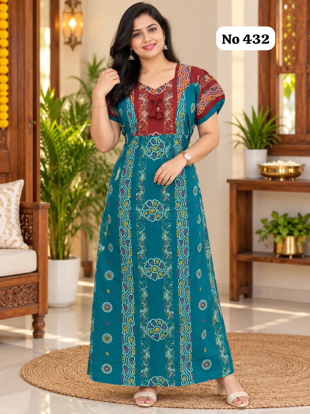 Premium Frock Nighty With Puff Hand and Adjustable Knot (No 432)(2XL)