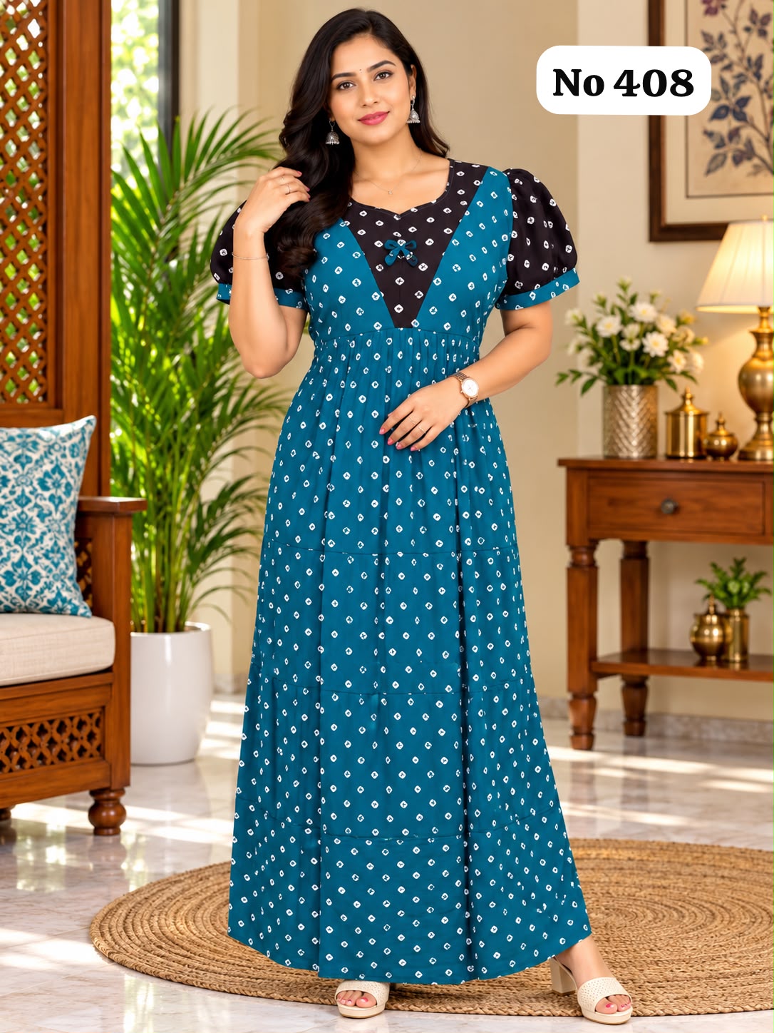 Premium Frock Nighty With Puff Hand and Adjustable Knot (No 408)(XL)