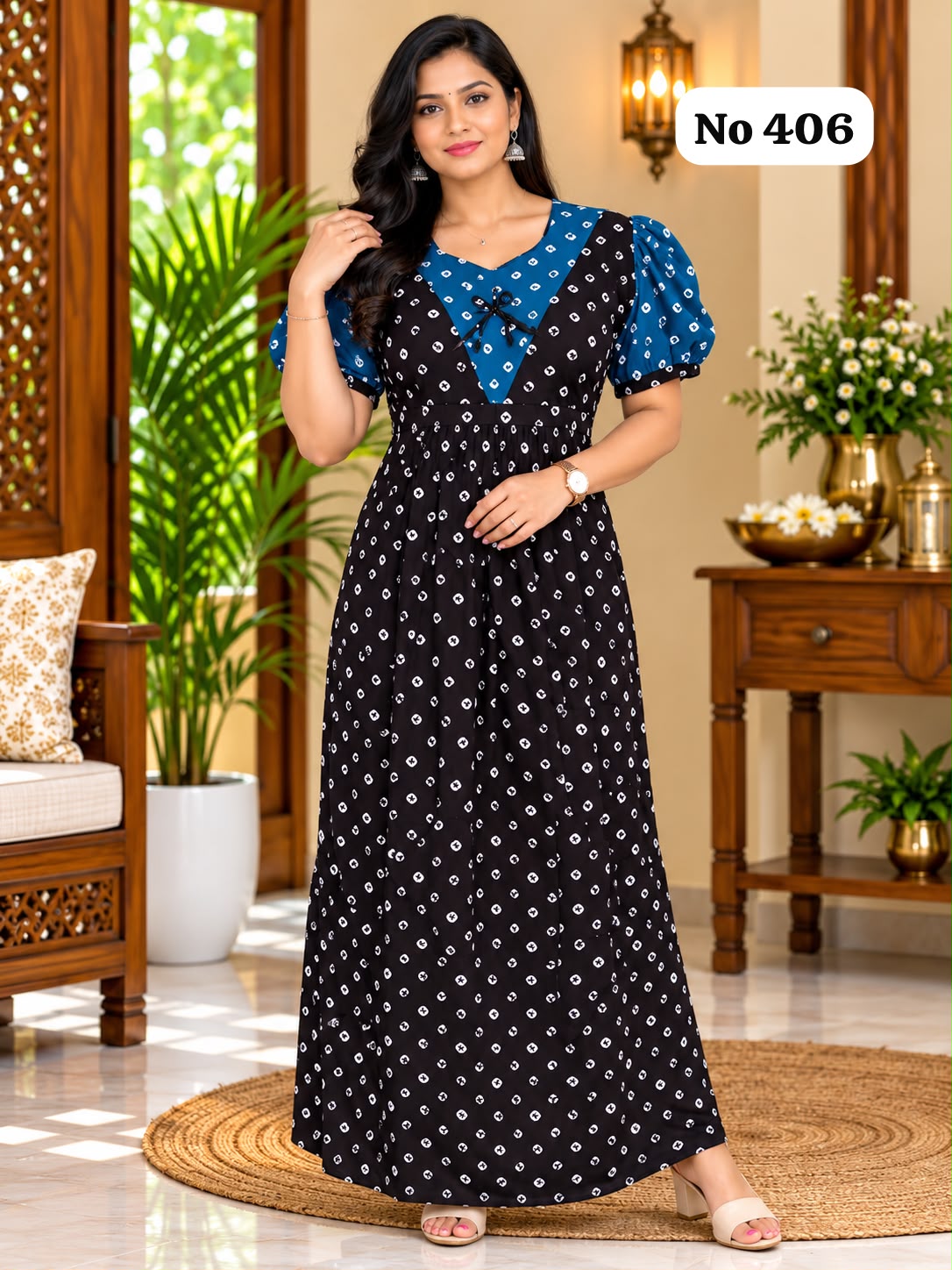 Premium Frock Nighty With Puff Hand and Adjustable Knot (No 406)(XL)