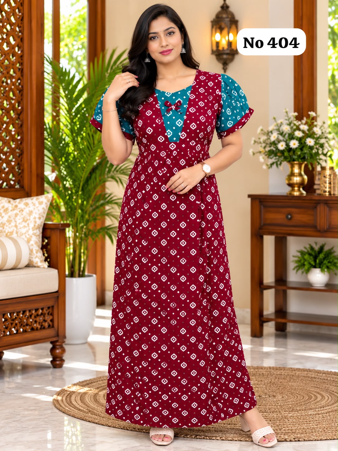 Premium Frock Nighty With Puff Hand and Adjustable Knot (No 404)(XL)