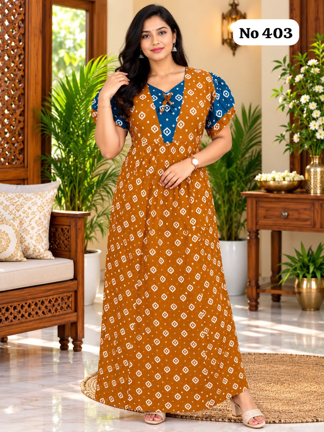 Premium Frock Nighty With Puff Hand and Adjustable Knot (No 403)(XL)