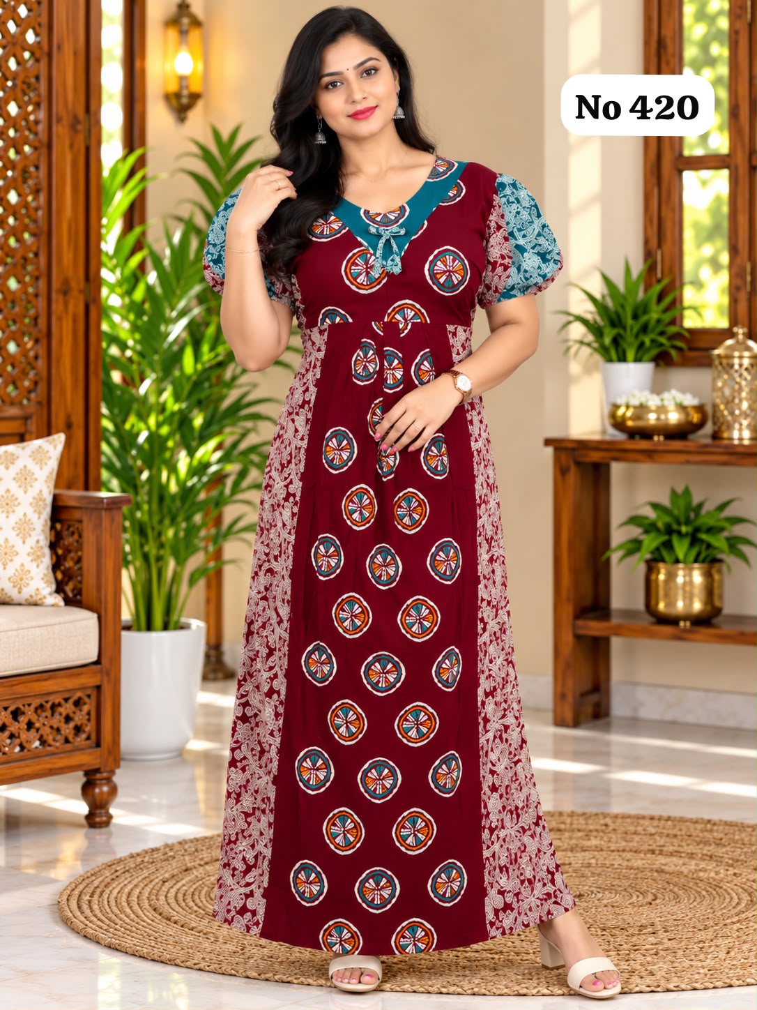 Premium Frock Nighty With Puff Hand and Adjustable Knot (No 420)(2XL)
