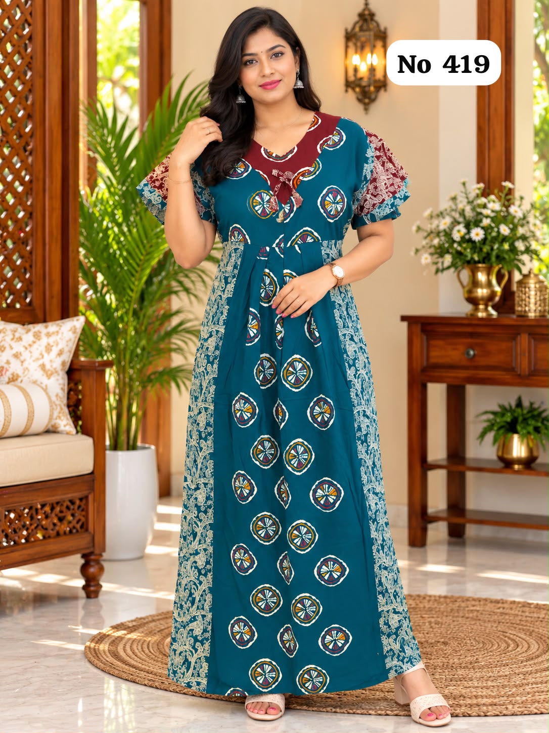 Premium Frock Nighty With Puff Hand and Adjustable Knot (No 419)(2XL)