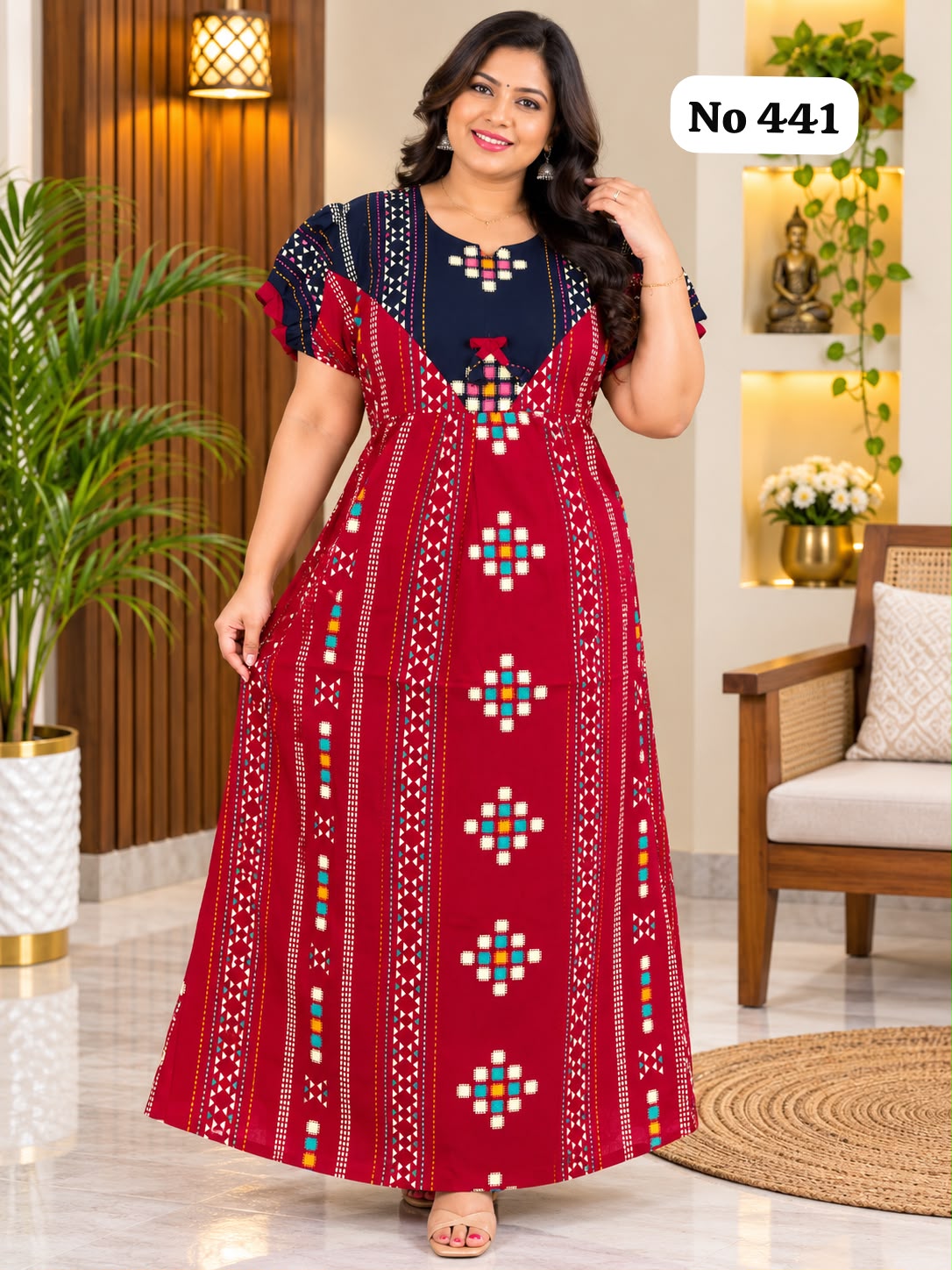 Premium Frock Nighty With Puff Hand and Adjustable Knot (No 441)(2XL)