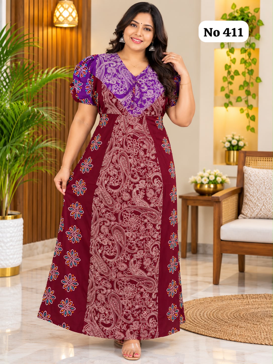 Premium Frock Nighty With Puff Hand and Adjustable Knot (No 411)(2XL)
