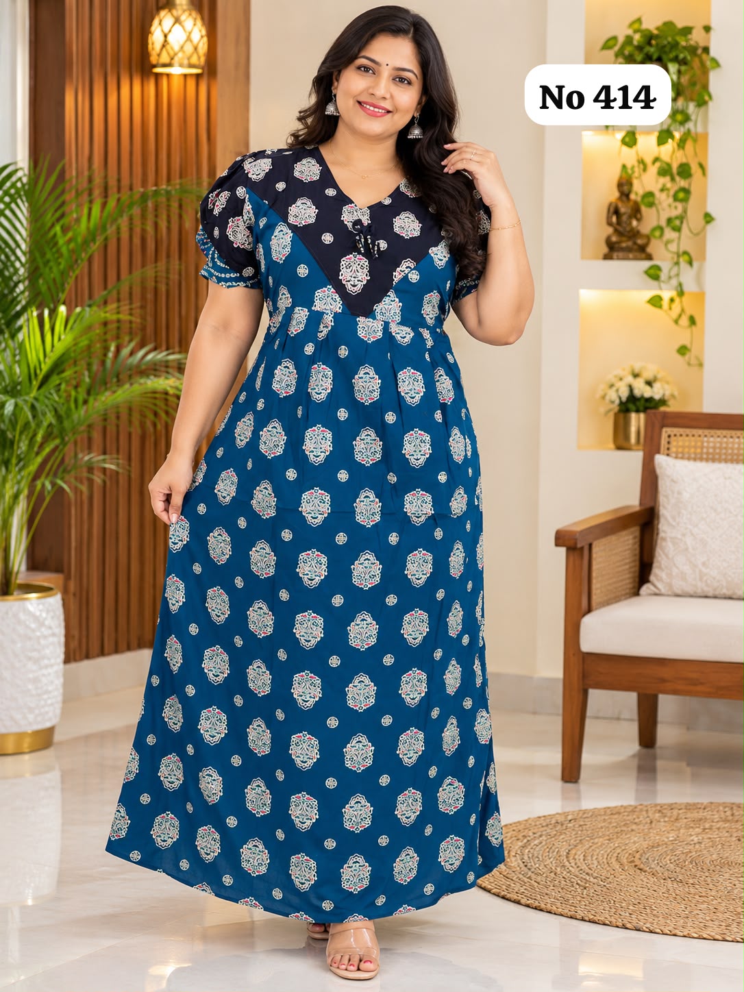 Premium Frock Nighty With Puff Hand and Adjustable Knot (No 414)(XL)