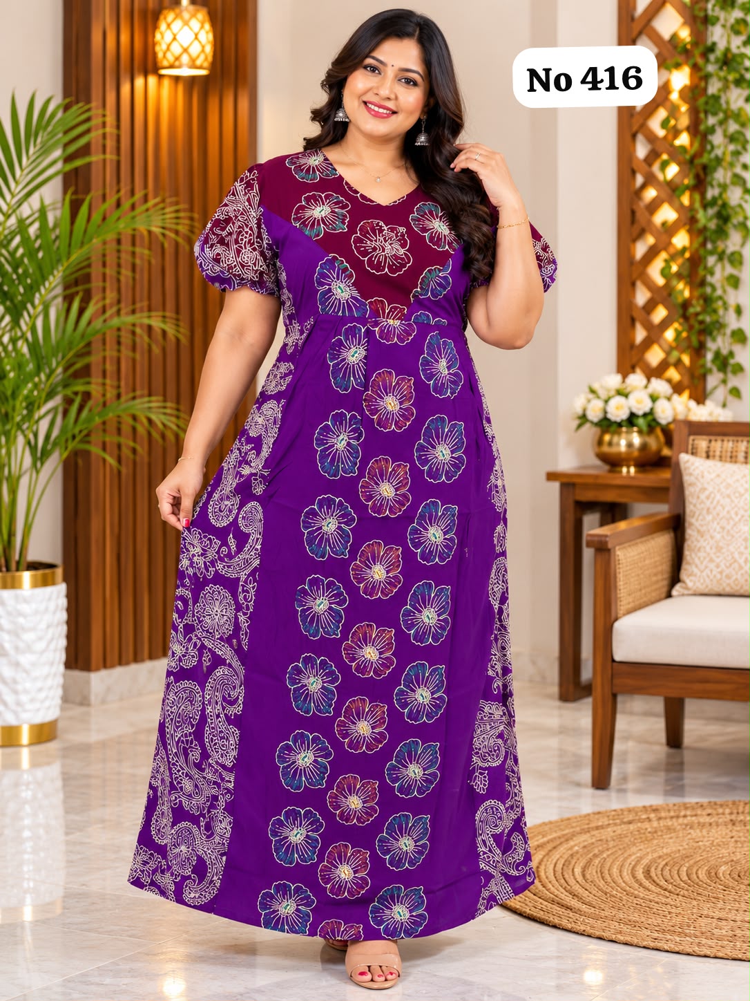 Premium Frock Nighty With Puff Hand and Adjustable Knot (No 416)(XL)