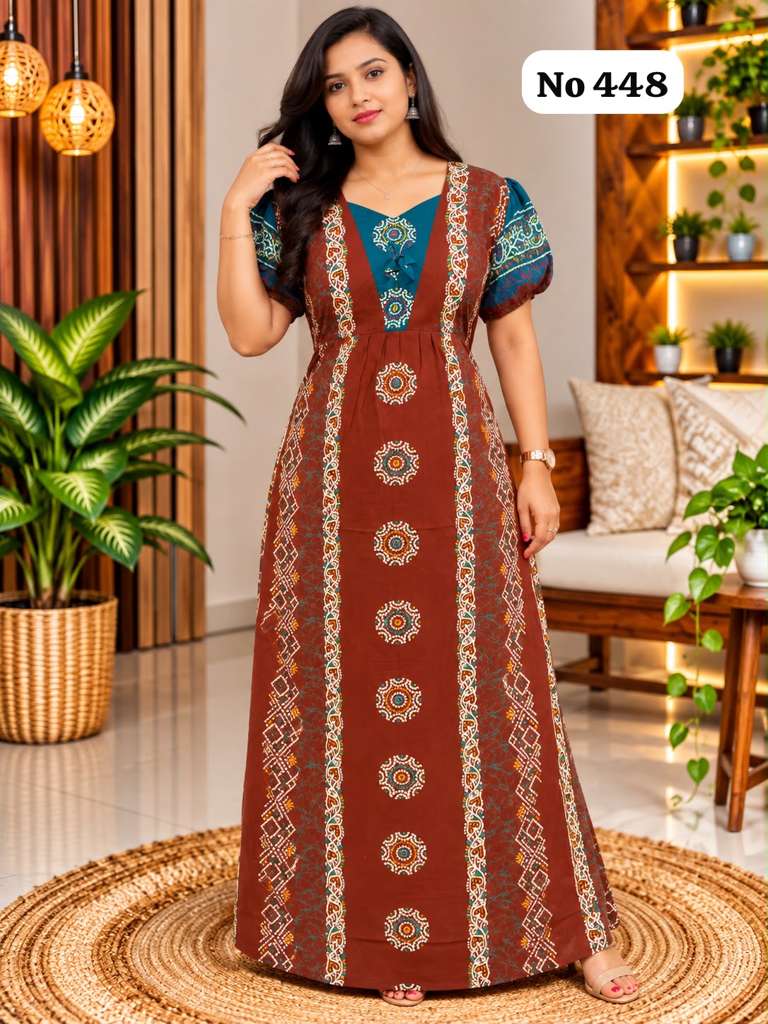 Premium Frock Nighty With Puff Hand and Adjustable Knot (No 448)(2XL)